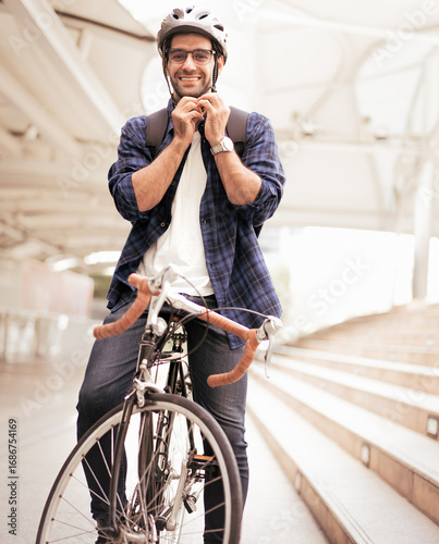 Smart businessman ride bicycle in downtown. Environmentalist commuting by cycling reduce carbon footprint global warming. Bike to work eco friendly alternative transportation green energy vehicle