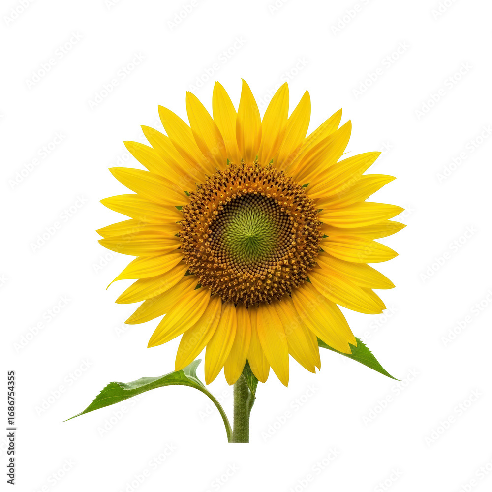 Fototapeta premium A vibrant sunflower with bright yellow petals and a dark center, isolated on a white background.