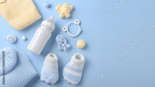 Charming Baby Accessories Arranged on Soft Blue Background with Gentle Pastel Touches
