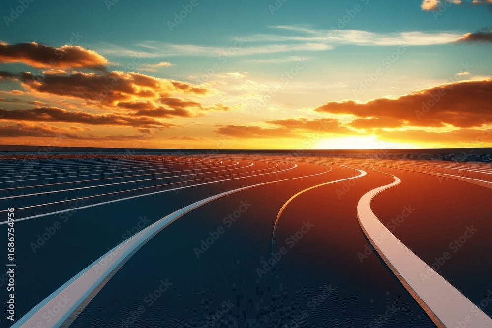 Naklejka premium Sunset casts vibrant colors over winding tracks on a coastal landscape