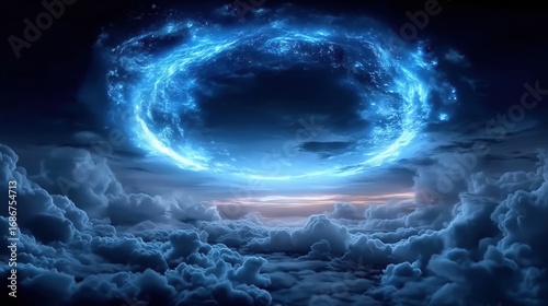 Mesmerizing Blue Light Halo Brightening Dark Clouds in a Mystical Sky
