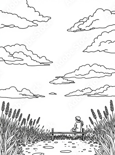 Minimilist girl sitting on a bench surrounded by tall grass under a cloudy sky in black and white illustration vector