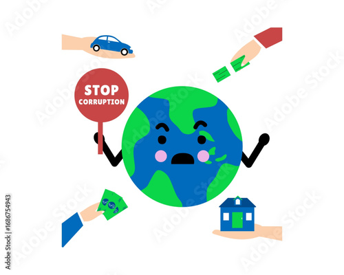 Illustration of a global anti-corruption concept with a distressed planet Earth protesting illegal exchanges of money, cars, and property