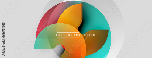 Abstract geometric shapes overlap, creating vibrant color composition. Circles, curves, gradients define modern design aesthetic.