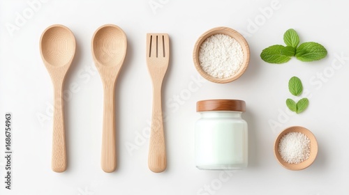 Natural Wooden Utensils Arranged Neatly Next to Fresh Ingredients and Aromatic Herbs on a Clean Surface
