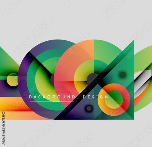 Abstract vibrant design features overlapping circles, triangles, lines. Colors blend smoothly creating dynamic visual effect. Modern composition.