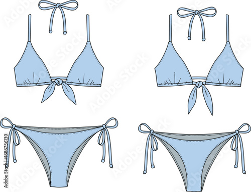 cad drawing flat vector illustration, bikini vector fashion illustration, swimwear CAD flat drawing, trendy bikini design front and back, technical sketch for apparel design