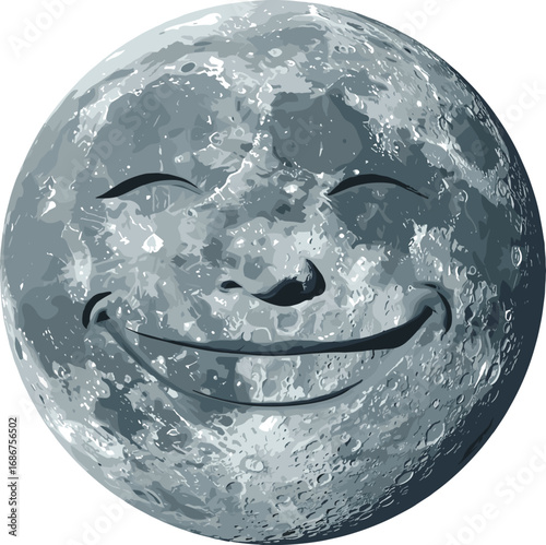 Anthropomorphic moon face illustration, surreal celestial art, grayscale lunar texture, dreamy night sky concept, whimsical fantasy character, smiling moon portrait