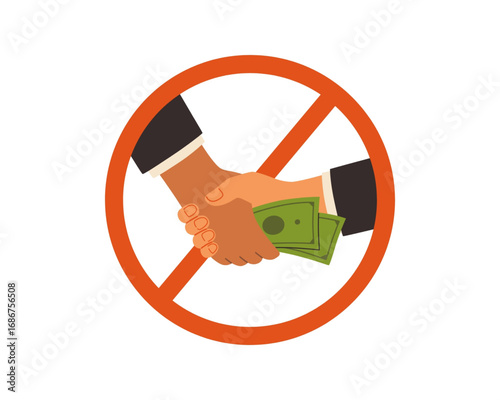 Vector illustration of a stop bribery symbol, with a forbidden handshake and cash exchange to represent anti-corruption