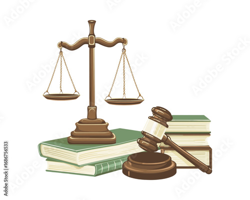 Legal Justice Scales, Gavel, and Books Representing Law, Order, and the Courts