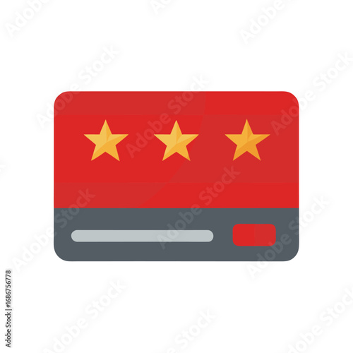 Red credit card with three gold stars and gray stripe Keywords: credit card, payment, finance