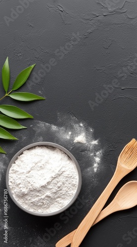 Delicate White Flour in a Bowl Surrounded by Wooden Spoons and Green Leaves on a Dark Textured Surface
