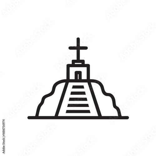A line drawing of a church on a hill with stairs.