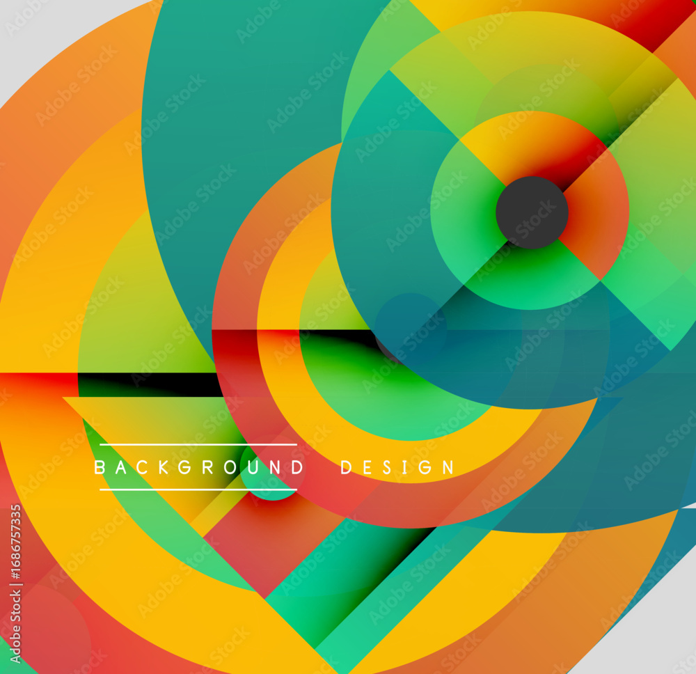 Fototapeta premium Abstract colorful layers create dynamic circular composition. Overlapping shapes suggest depth, movement, modern aesthetic. Background design element.