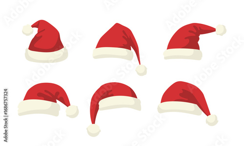 Set of Santa Claus hats on white background