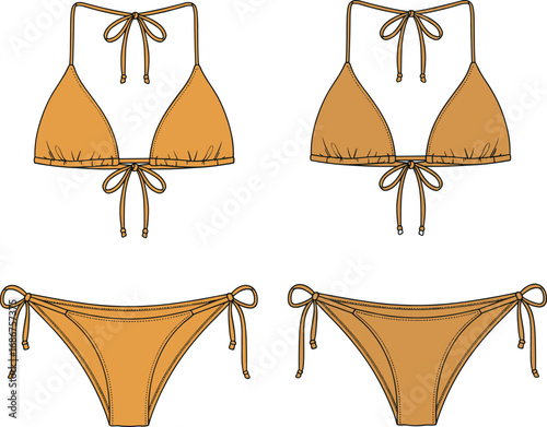 Stylish bikini swimwear CAD drawing flat vector illustration, fashion design template, front and back view, detailed swimsuit sketch, trendy beachwear apparel design