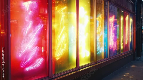 Vibrant neon lights display in a storefront at night.  Colorful, dynamic, and reflective glass panels showcase dynamic neon light patterns