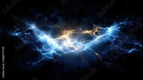 Dynamic Blue and Gold Energy Flowing Through the Cosmos with a Deep Space Background
