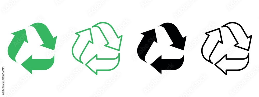 Obraz premium Recycle symbol set in green and black color. Solid and outline version. Simple icon illustration vector design.