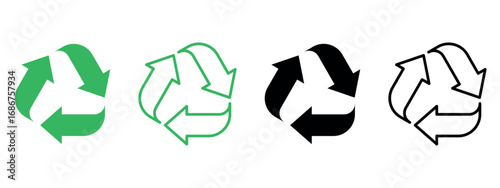 Recycle symbol set in green and black color. Solid and outline version. Simple icon illustration vector design.