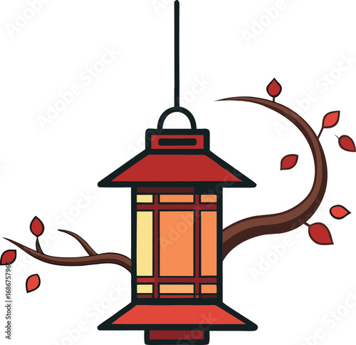 Traditional japanese lantern hanging from a branch with autumn leaves