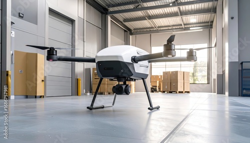 White Drone in a Modern Warehouse