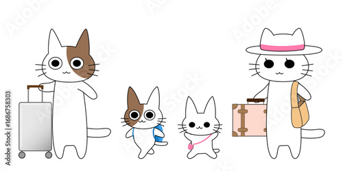 08家族旅行移動猫だスーツケースを持って旅行に出発する猫の家族のキャラクター、空港や旅行イメージに使えるベクターイラスト｜猫,旅行,家族,飛行機,スーツケース,出発,休暇け