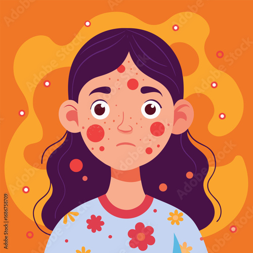 Flat design young girl with facial acne. Vector illustration.