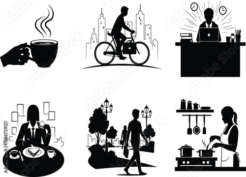 Daily routine silhouette, urban commute, coffee break, cooking, dining, office work, lifestyle vector, black icons, 