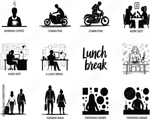 Daily routine vector, morning coffee, commuting, work desk, lunch break, evening walk, dinner prep, black silhouette icons, 