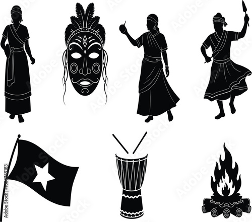 Culture, tradition, dance, mask, drum, silhouette, black, tribal, festival, heritage, vector, ritual, art, music, fire, costume, icon, celebration,
