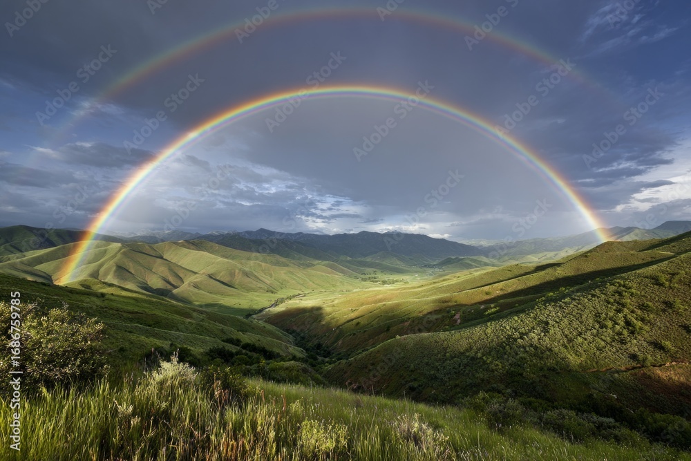Obraz premium A stunning rainbow arcs across the sky over a green mountain landscape, its vivid colors a beautiful contrast against the storm clouds.