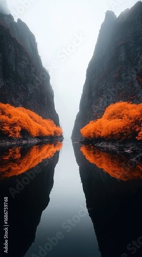 Serene Misty Canyon Reflecting Autumn Leaves Over Tranquil Waters
