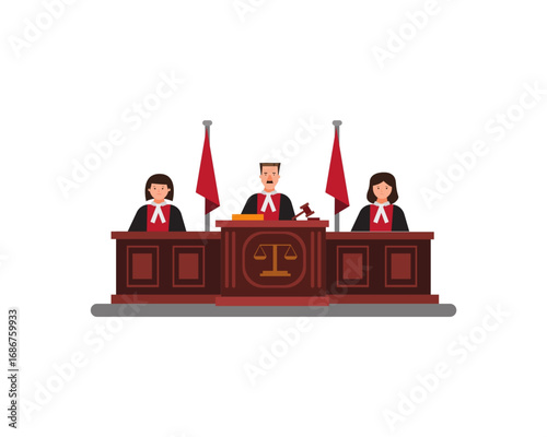 A panel of three judges, male and female, presiding in a courtroom setting from the bench. Flat vector illustration representing the judiciary, law, and justice system
