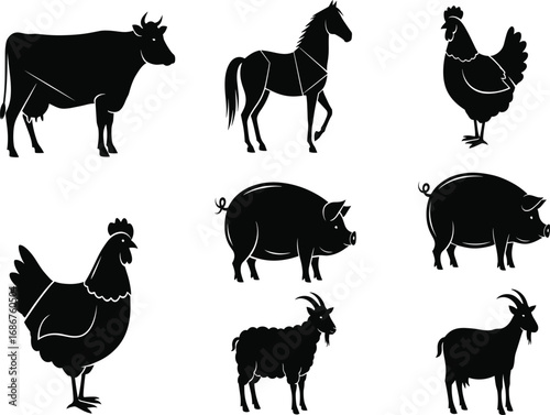 Farm animal silhouettes, domestic livestock vector, black animal icons, rural life illustration, barnyard creatures, agriculture themed artwork, animal grid 