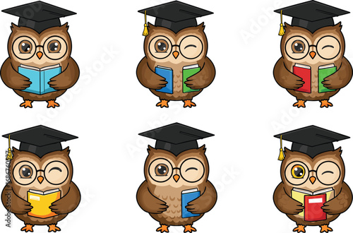 Cartoon owl wearing graduation cap, cute academic bird character reading colorful books, intelligent education mascot illustration, smart student owl vector design clipart