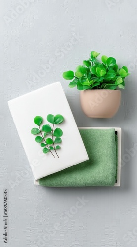 Serene Green Leaves Arranged on Minimalist Box and Potted Plant Against Soft Gray Background

