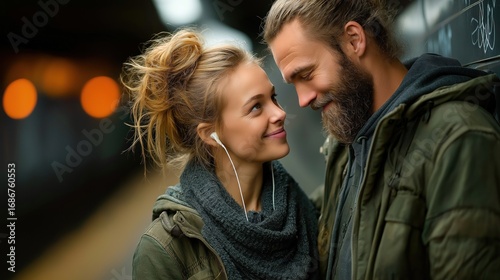 Two young adults are closely engaged at a subway station, smiling warmly at each other while wearing earphones. atmosphere reflects a cozy evening vibe