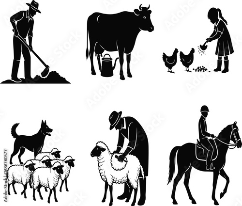 Farm activity silhouettes, rural life vector, animal care icons, digging milking feeding herding shearing riding, agriculture themed artwork, black 