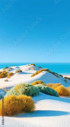 Golden Dunes Gracefully Rolling Towards Tranquil Blue Ocean Under Clear Skies
