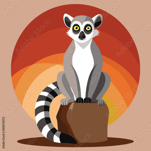 Ringtailed Lemur Illustration Sitting on Rock Against a Sunset Background