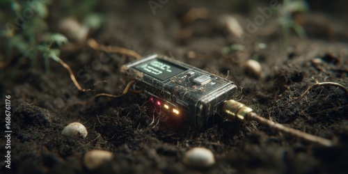 Wallpaper Mural A close-up shot of a high-tech soil sensor resting on dark, rich soil, interspersed with small plants, roots and pebbles. The sensor is a technological device used for soil analysis. Torontodigital.ca