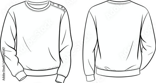 Fashion cad drawing flat vector illustration of sweatshirt with shoulder buttons, front and back view, casual wear, apparel sketch