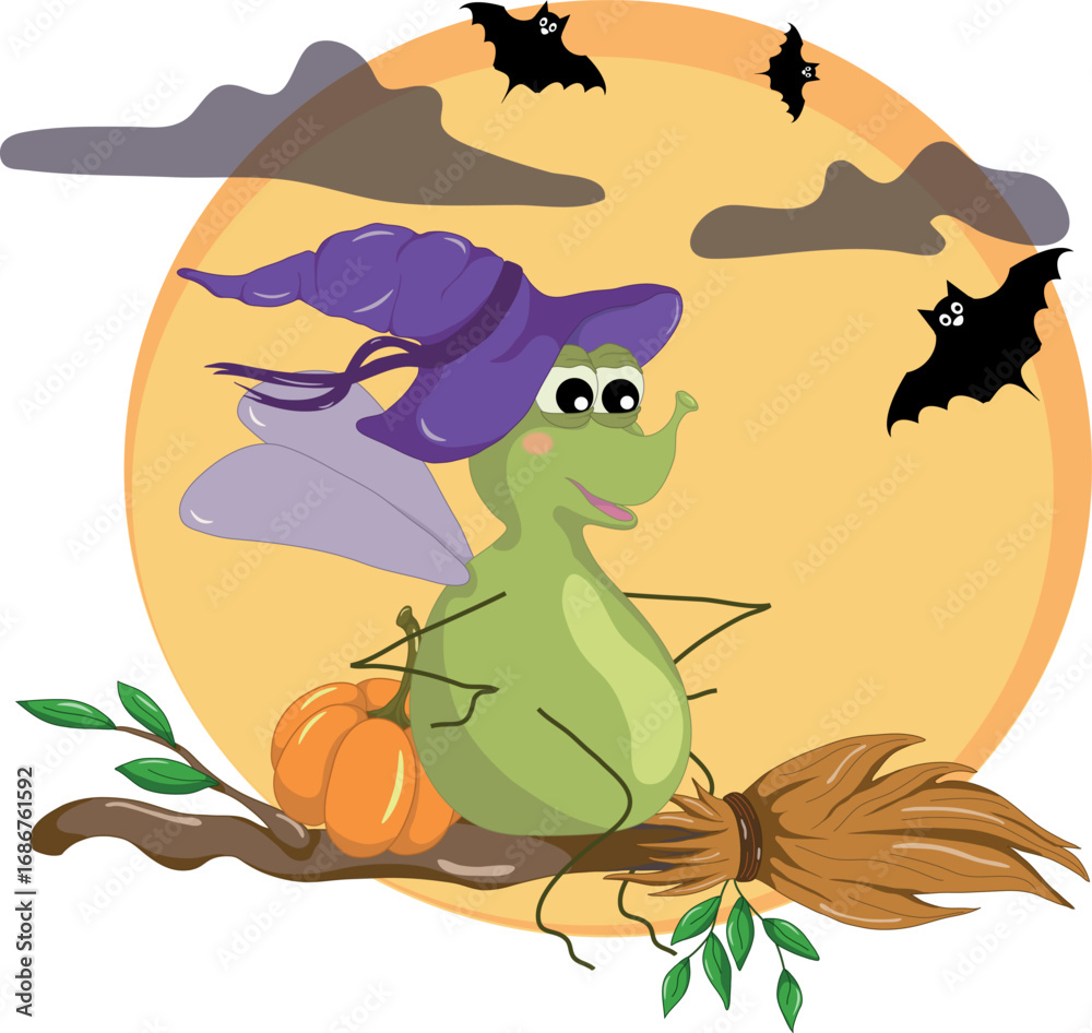 Obraz premium Halloween Fly riding a Broomstick accompanied by a Pumpkin and Bats