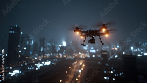 Drone flying over a city at night
