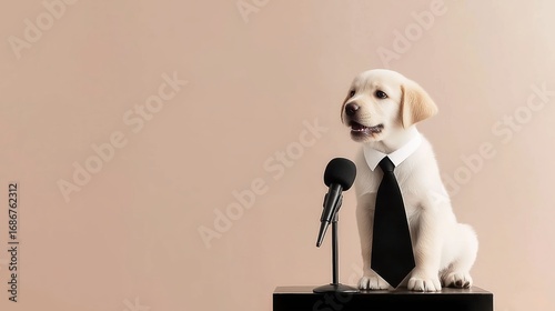 Adorable Labrador Puppy Speaking at a Microphone on a Stage with a Calm Beige Background
