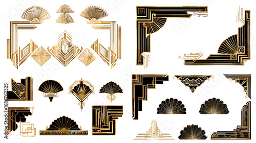 Luxurious Art Deco frames and ornaments with golden geometric shapes, perfect for retro posters, invitations, packaging, and elegant decorative design.
