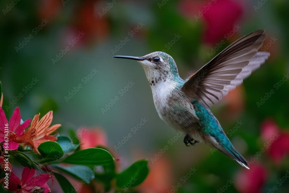 Obraz premium A vibrant ruby-throated hummingbird, a small green bird, is seen in flight, hovering while feeding on a red flower.