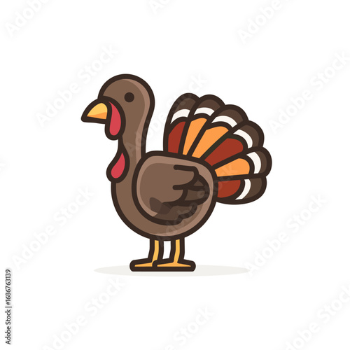 A cute and charming cartoon illustration of a traditional Thanksgiving turkey with colorful tail feathers, a classic and festive symbol of the autumn holiday.
