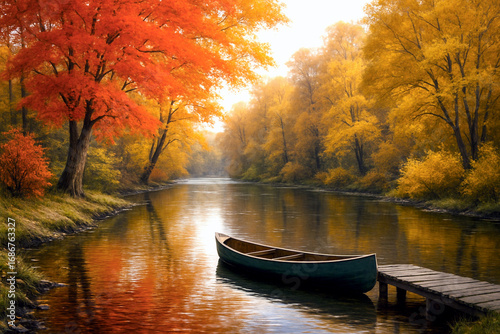Serene autumn riverbank with calm water reflecting vibrant red, gold, and amber foliage, small wooden dock with canoe, peaceful and detailed photorealistic nature scene.